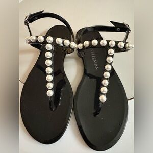 Stuart Weitzman Black Sandals with Pearl Accents